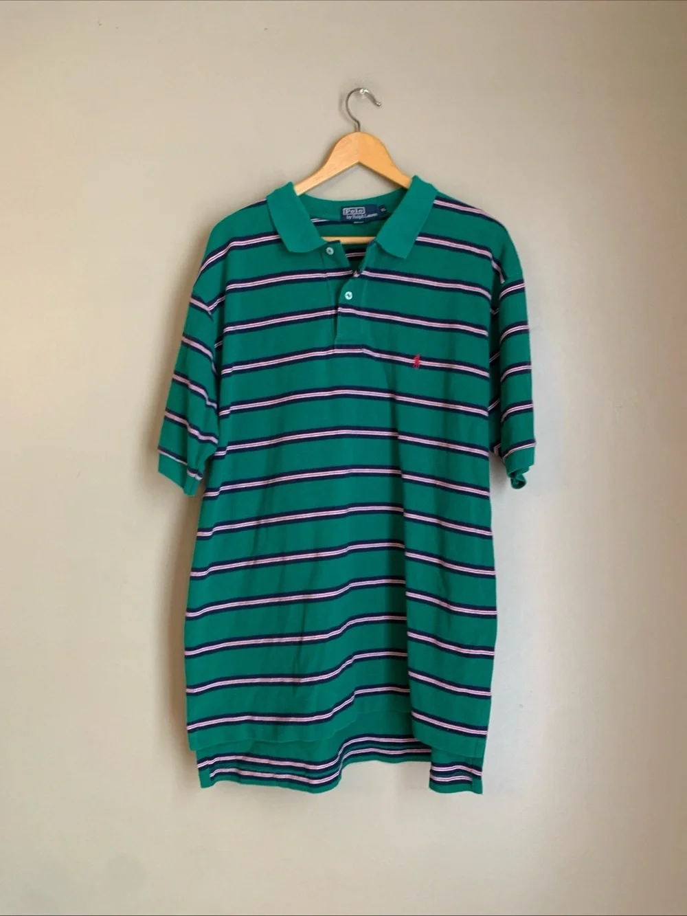 Polo Ralph Lauren Men's Polo Shirt Green Blue Stripe XL 90’s